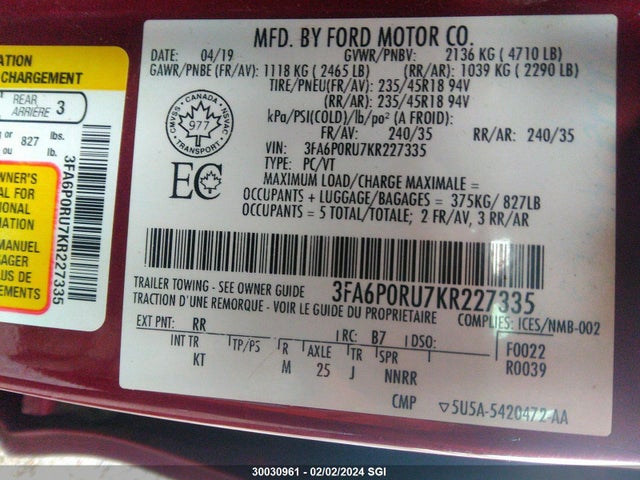3FA6P0RU7KR227335 Ford Fusion Titanium
