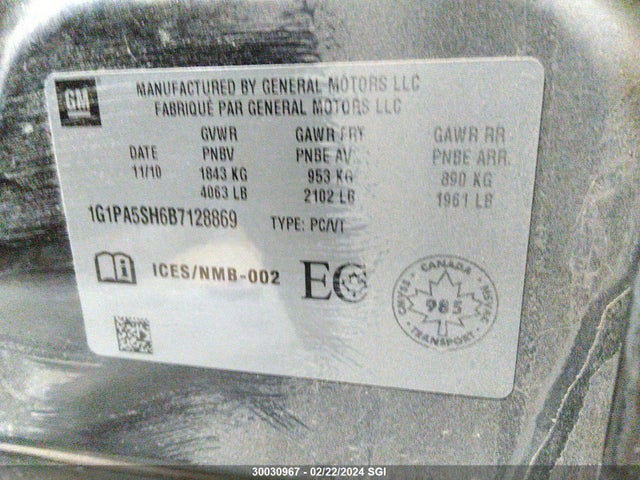 Aukcja sprzedaży 2011 Chevrolet Cruze Ls, vin: 1G1PA5SH6B7128869, numer aukcji: 30030967