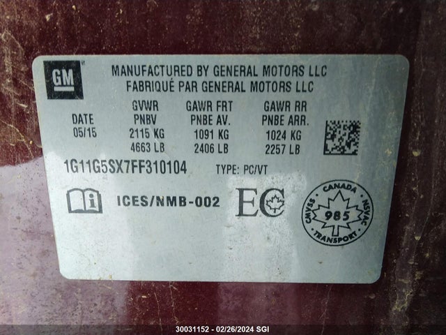 Aukcja sprzedaży 2015 Chevrolet Malibu Ltz, vin: 1G11G5SX7FF310104, numer aukcji: 30031152