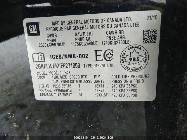 2GKFLWEK0F6271353 GMC lea - flex fuel (gas/alc), aluminum, ho,