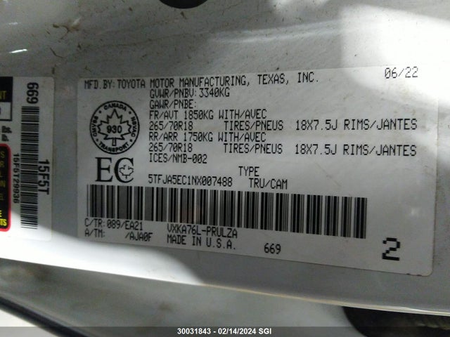 2022 TOYOTA TUNDRA CREWMAX LIMITED VIN: 5TFJA5EC1NX007488