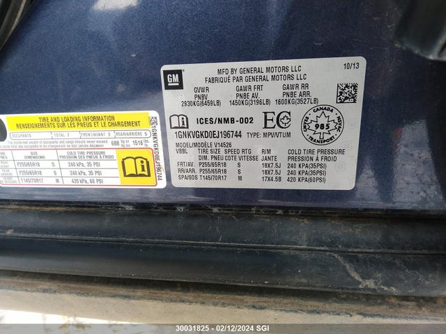 Chevrolet Traverse Lt 2014 1GNKVGKD0EJ196744 Image 9