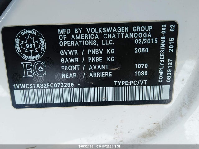 1VWCS7A32FC073299 Volkswagen PASSAT SEL