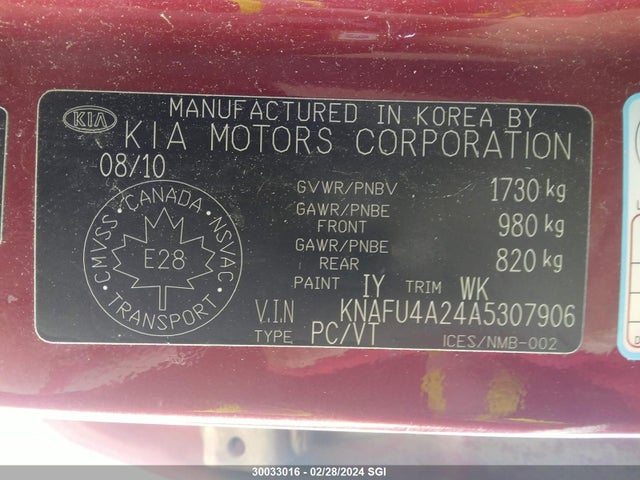 30033016 :رقم المزاد ، KNAFU4A24A5307906 vin ، 2010 Kia Forte Ex مزاد بيع