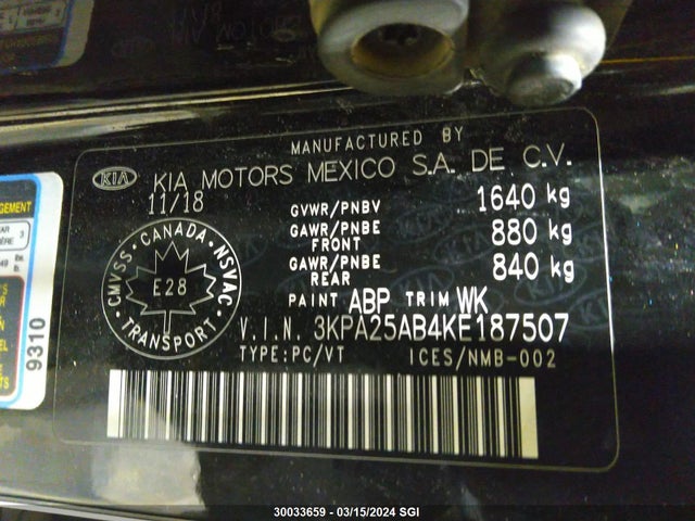 30033659 :رقم المزاد ، 3KPA25AB4KE187507 vin ، 2019 Kia Rio S مزاد بيع