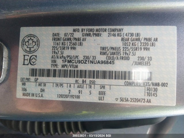 2022 FORD ESCAPE TITANIUM VIN: 1FMCU9DZ1NUA96845
