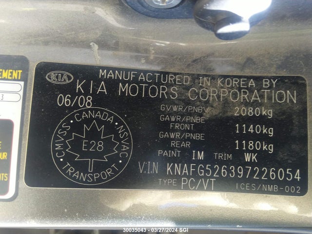 2009 Kia Rondo Lx/ex მანქანა იყიდება აუქციონზე, vin: KNAFG526397226054, აუქციონის ნომერი: 30035043