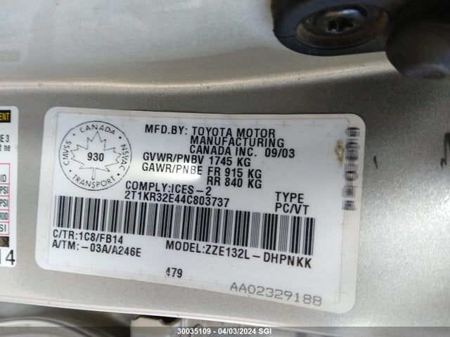 Aukcja sprzedaży 2004 Toyota Corolla Matrix Xr, vin: 2T1KR32E44C803737, numer aukcji: 30035109