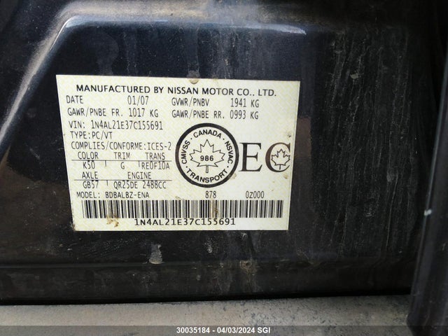 30035184 :رقم المزاد ، 1N4AL21E37C155691 vin ، 2007 Nissan Altima 2.5/2.5s مزاد بيع