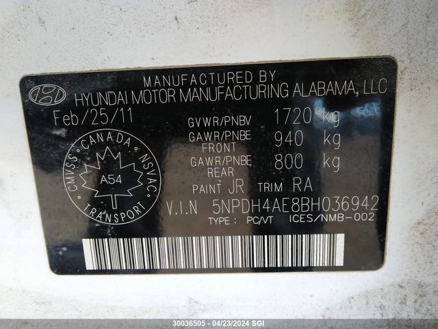 Продажа на аукционе авто 2011 Hyundai Elantra Gls/limited, vin: 5NPDH4AE8BH036942, номер лота: 30036505
