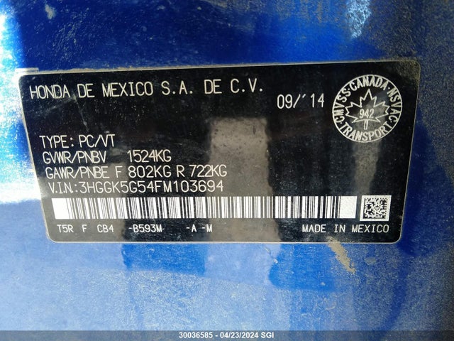 Honda FIT LX 2015 3HGGK5G54FM103694 Image 9
