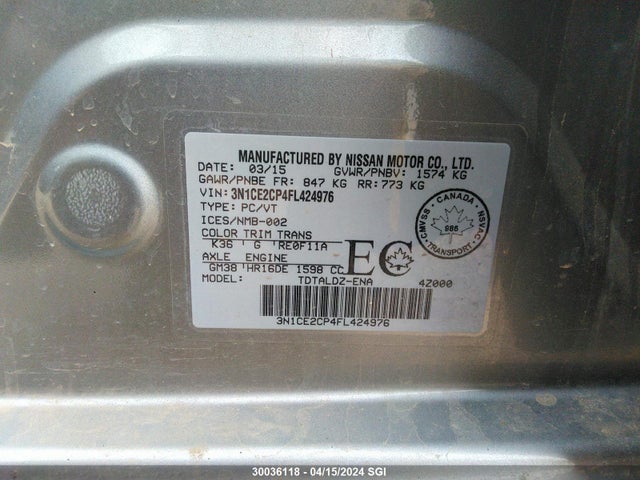 Nissan Versa Note S/s Plus/sv/sl/sr 2015 3N1CE2CP4FL424976 Image 9