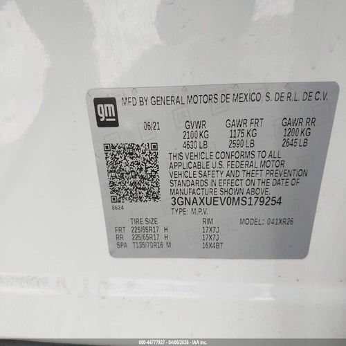 2021 CHEVROLET EQUINOX VIN: 3GNAXUEV0MS179254