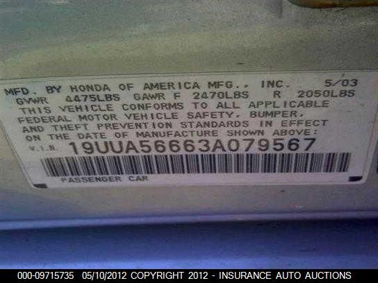 2003 Acura 3.2Tl VIN: 19UUA56663A079567 Lot: 9715735