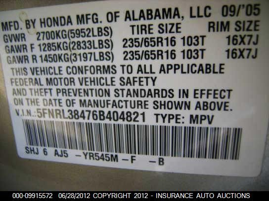 2006 Honda Odyssey (U.s.) Ex VIN: 5FNRL38476B404821 Lot: 9915572