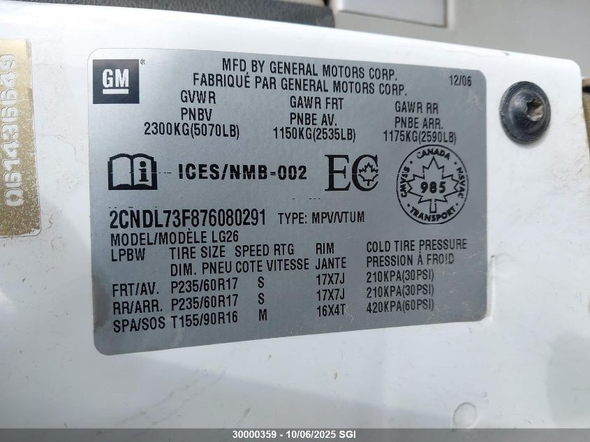 2007 Chevrolet Equinox Lt VIN: 2CNDL73F876080291 Lot: 30000359
