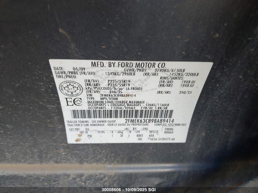 2009 Ford Flex Limited VIN: 2FMEK63C89BA89414 Lot: 30008606