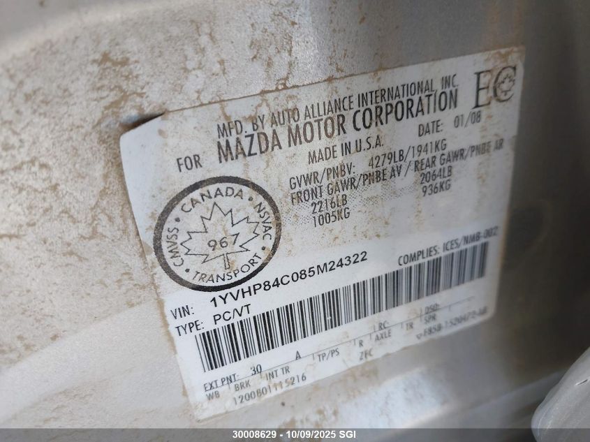2008 Mazda 6 I VIN: 1YVHP84C085M24322 Lot: 30008629