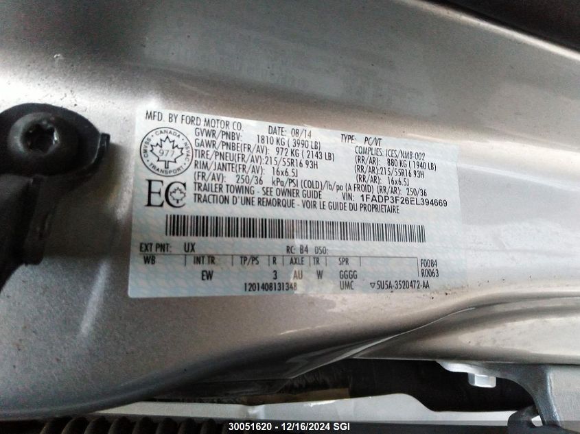 2014 Ford Focus Se VIN: 1FADP3F26EL394669 Lot: 30051620