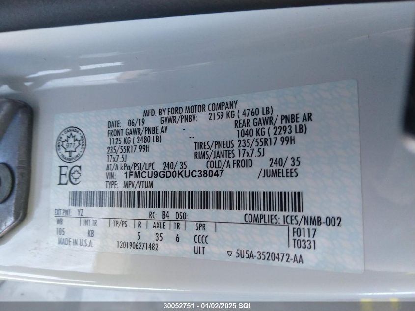 2019 Ford Escape Se VIN: 1FMCU9GD0KUC38047 Lot: 30052751