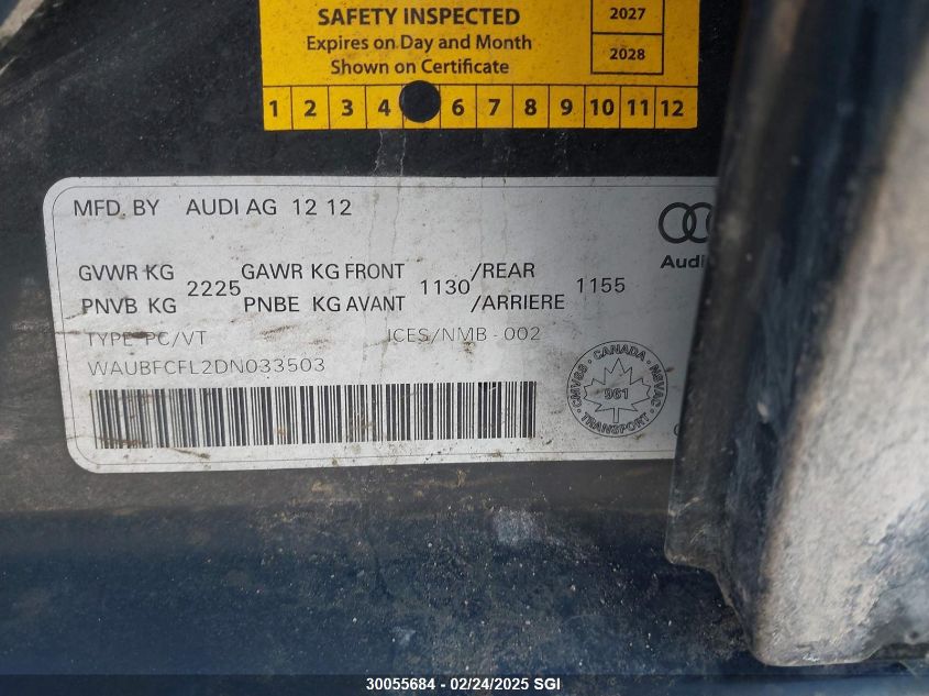 2013 Audi A4 Premium VIN: WAUBFCFL2DN033503 Lot: 30055684