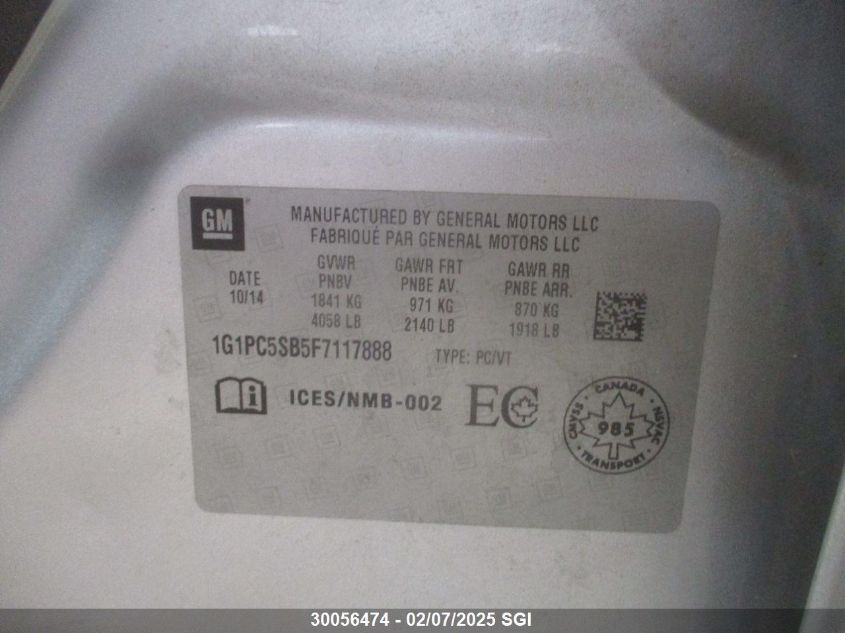 2015 Chevrolet Cruze Lt VIN: 1G1PC5SB5F7117888 Lot: 30056474