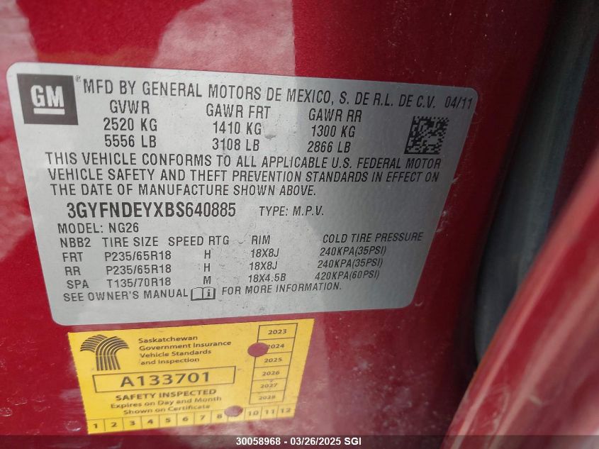 2011 Cadillac Srx Luxury Collection VIN: 3GYFNDEYXBS640885 Lot: 30058968