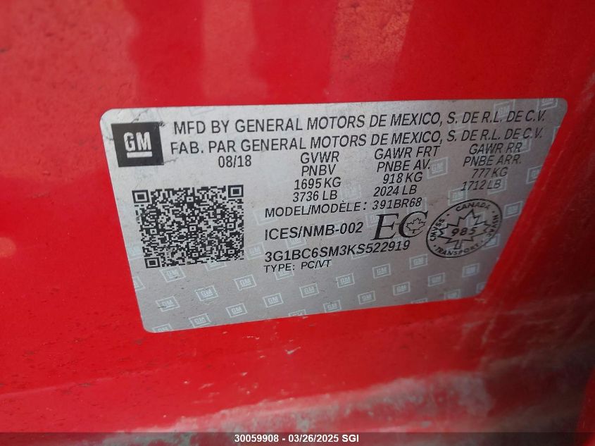 2019 Chevrolet Cruze VIN: 3G1BC6SM3KS522919 Lot: 30059908