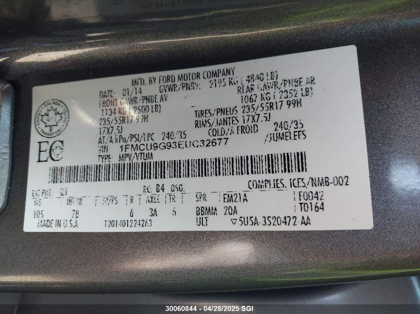 2014 Ford Escape Se VIN: 1FMCU9G93EUC32677 Lot: 30060844