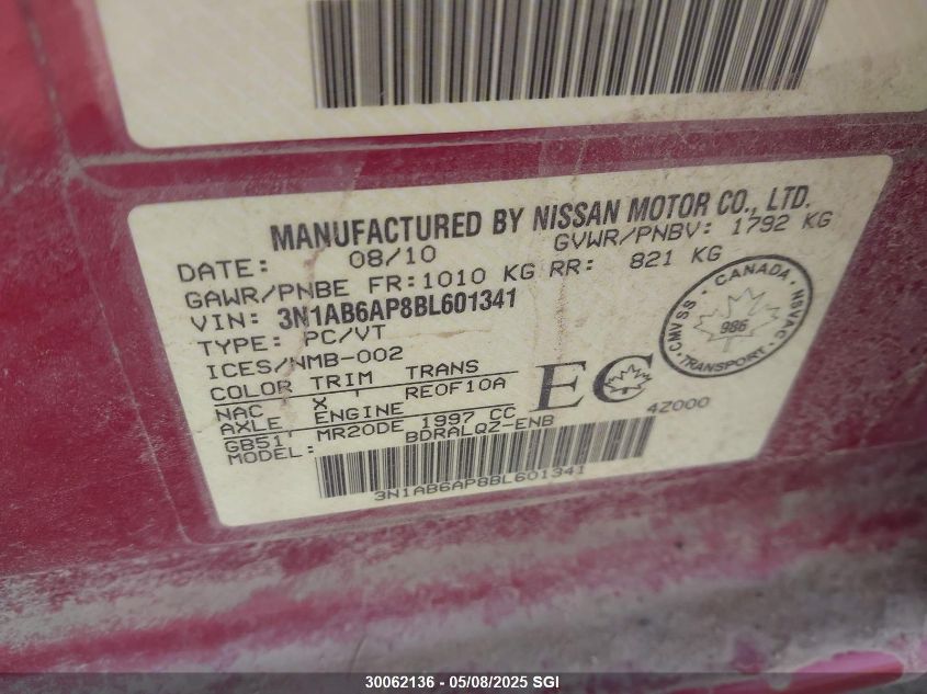 2011 Nissan Sentra 2.0 VIN: 3N1AB6AP8BL601341 Lot: 30062136