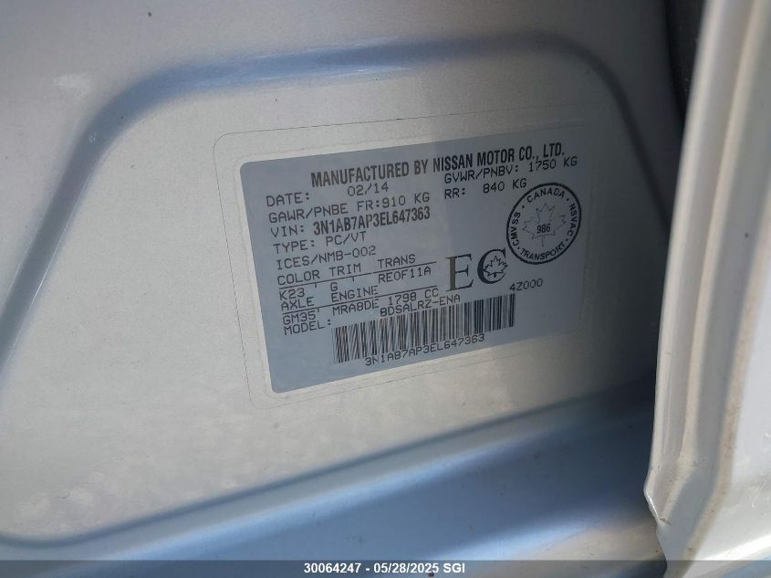 2014 Nissan Sentra VIN: 3N1AB7AP3EL647363 Lot: 30064247