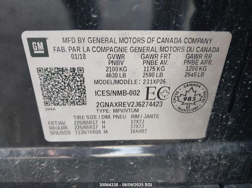 2018 Chevrolet Equinox Ls VIN: 2GNAXREV2J6274423 Lot: 30064338