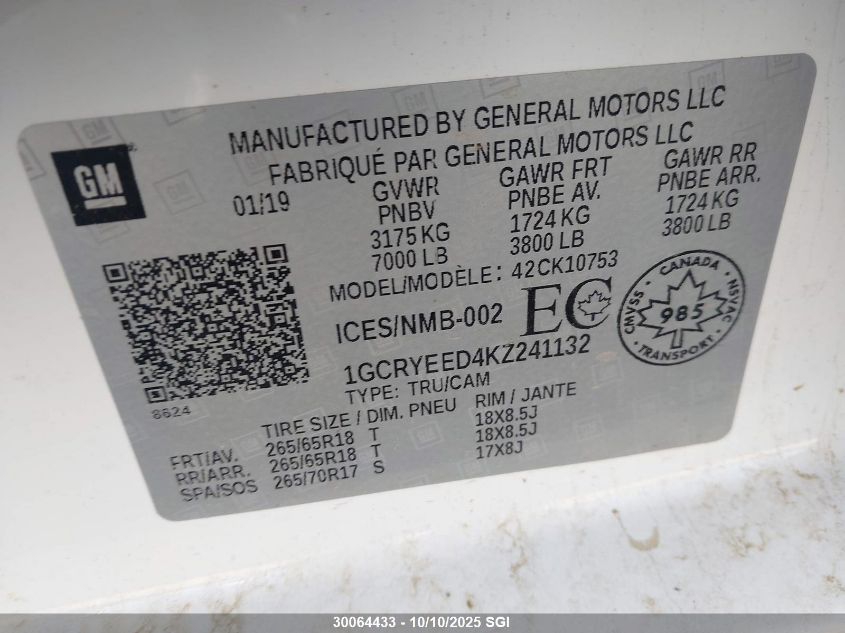 2019 Chevrolet Silverado K1500 Rst VIN: 1GCRYEED4KZ241132 Lot: 30064433
