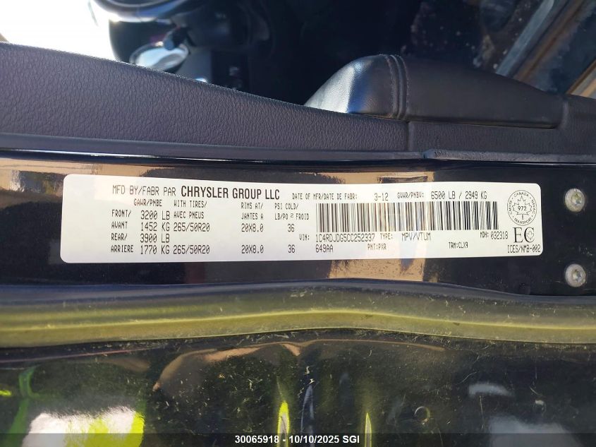 2012 Dodge Durango Crew VIN: 1C4RDJDG5CC252337 Lot: 30065918