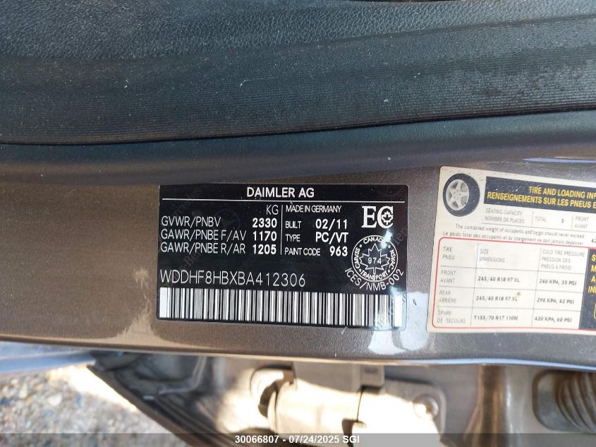 2011 Mercedes-Benz E 350 4Matic VIN: WDDHF8HBXBA412306 Lot: 30066807