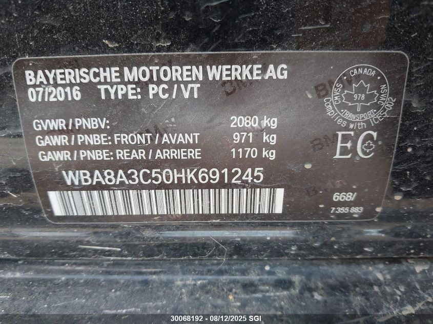 2017 BMW 320 Xi VIN: WBA8A3C50HK691245 Lot: 30068192