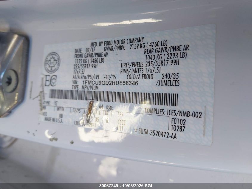 2017 Ford Escape Se VIN: 1FMCU9GD2HUE58346 Lot: 30067249