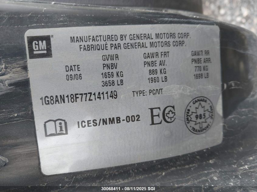 2007 Saturn Ion Level 2 VIN: 1G8AN18F77Z141149 Lot: 30068411