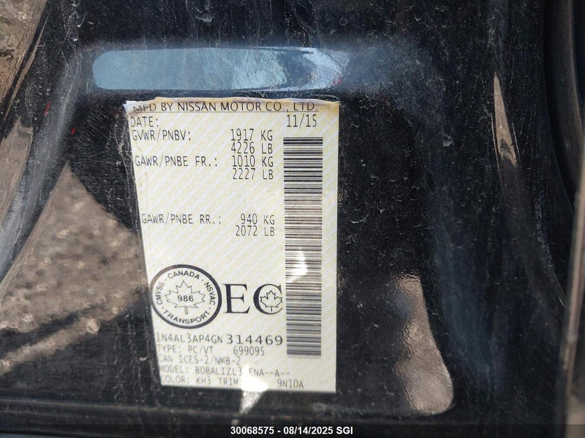 2016 Nissan Altima 2.5/S/Sv/Sl/Sr VIN: 1N4AL3AP4GN314469 Lot: 30068575