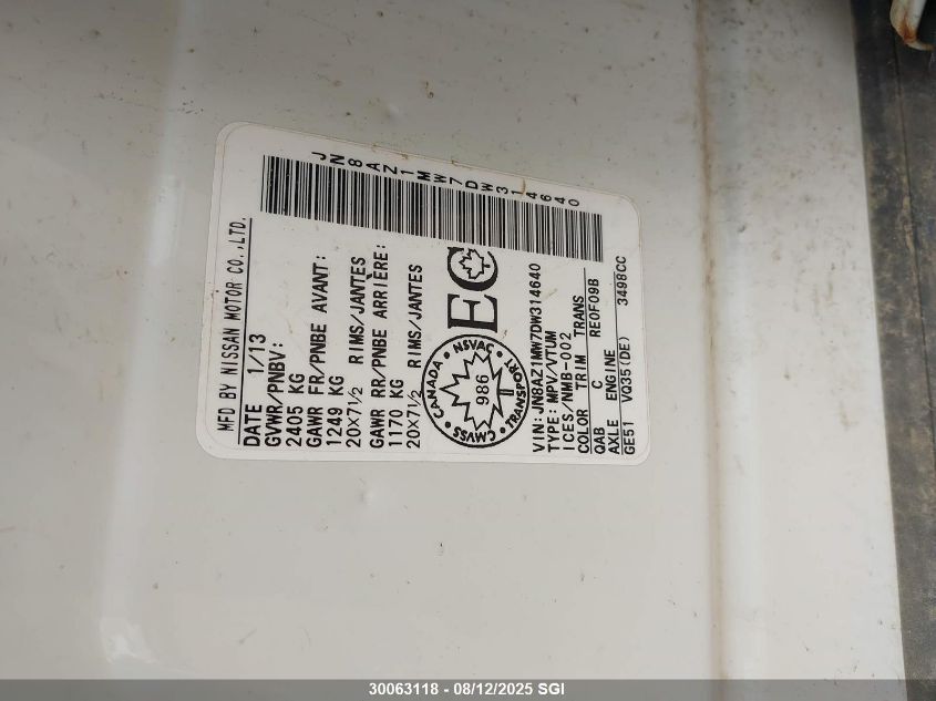 2013 Nissan Murano S/Sl/Le VIN: JN8AZ1MW7DW314640 Lot: 30063118