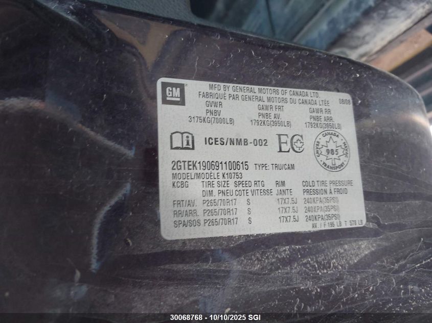 2009 GMC Sierra K1500 VIN: 2GTEK190691100615 Lot: 30068768