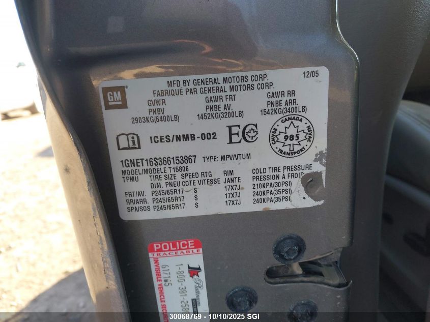 2006 Chevrolet Trailblazer Ext Ls/Ext Lt VIN: 1GNET16S366153867 Lot: 30068769