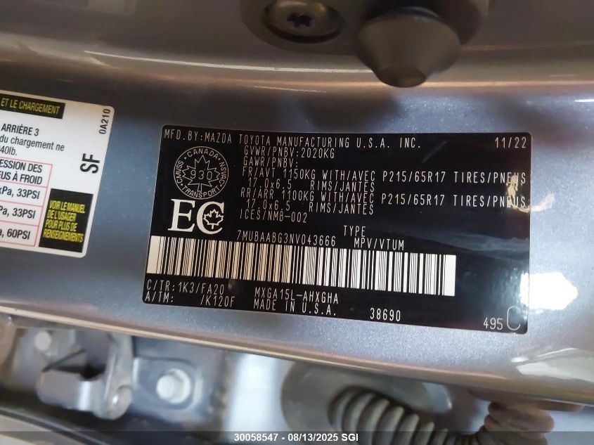 2022 Toyota Corolla Cross Le VIN: 7MUBAABG3NV043666 Lot: 30058547