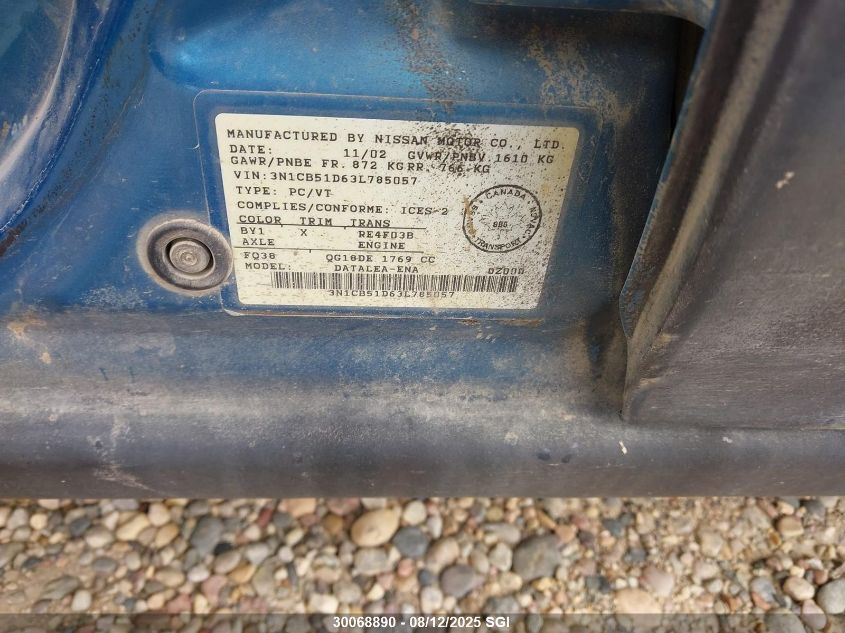 2003 Nissan Sentra Xe/Gxe VIN: 3N1CB51D63L785057 Lot: 30068890