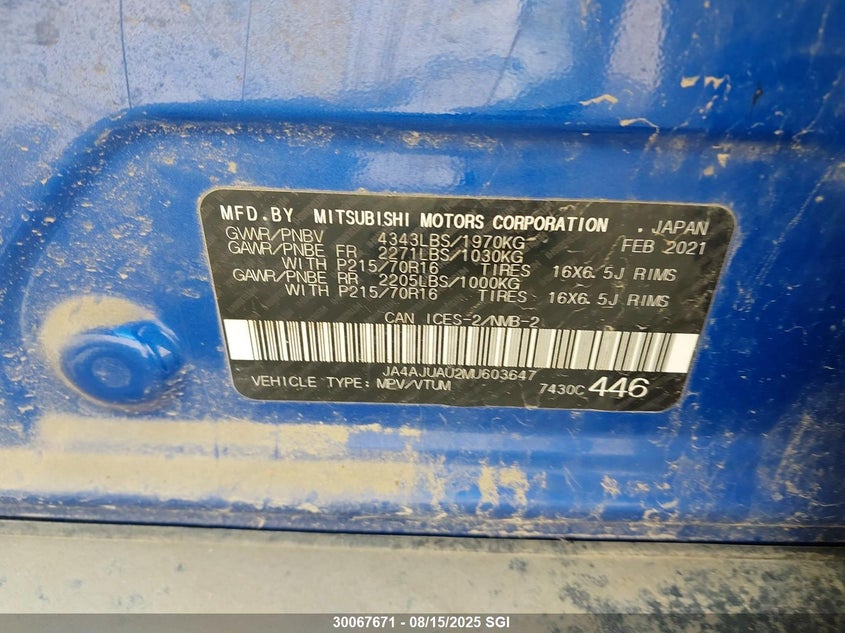 2021 Mitsubishi Rvr Es VIN: JA4AJUAU2MU603647 Lot: 30067671