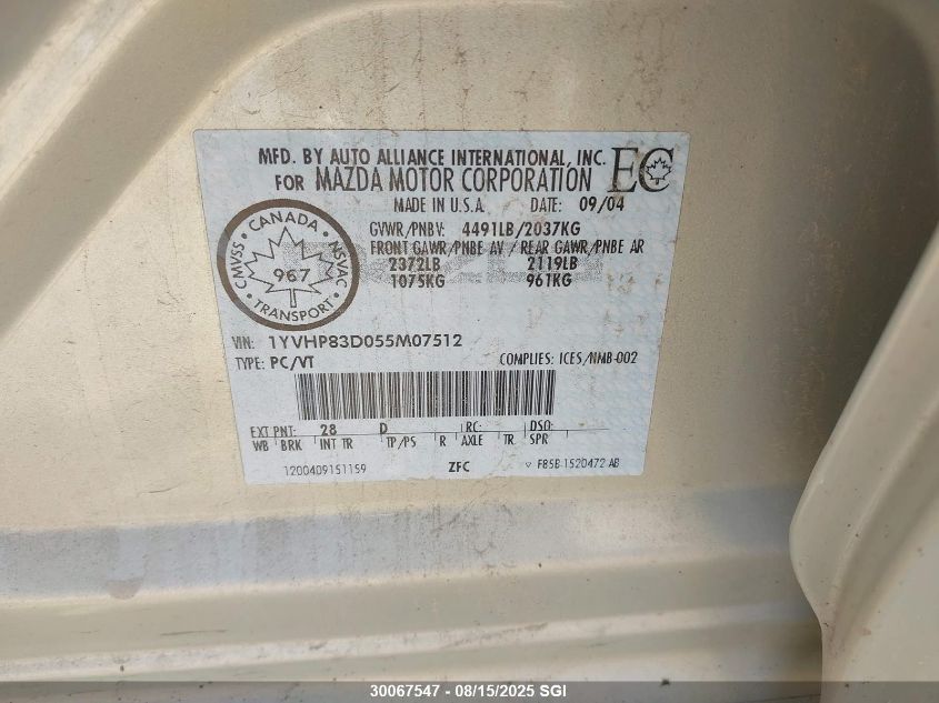 2005 Mazda 6 S VIN: 1YVHP83D055M07512 Lot: 30067547