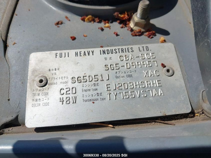 2005 Subaru Forester VIN: SG5099957 Lot: 30069330