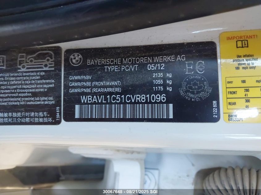2012 BMW X1 xDrive28I VIN: WBAVL1C51CVR81096 Lot: 30067648