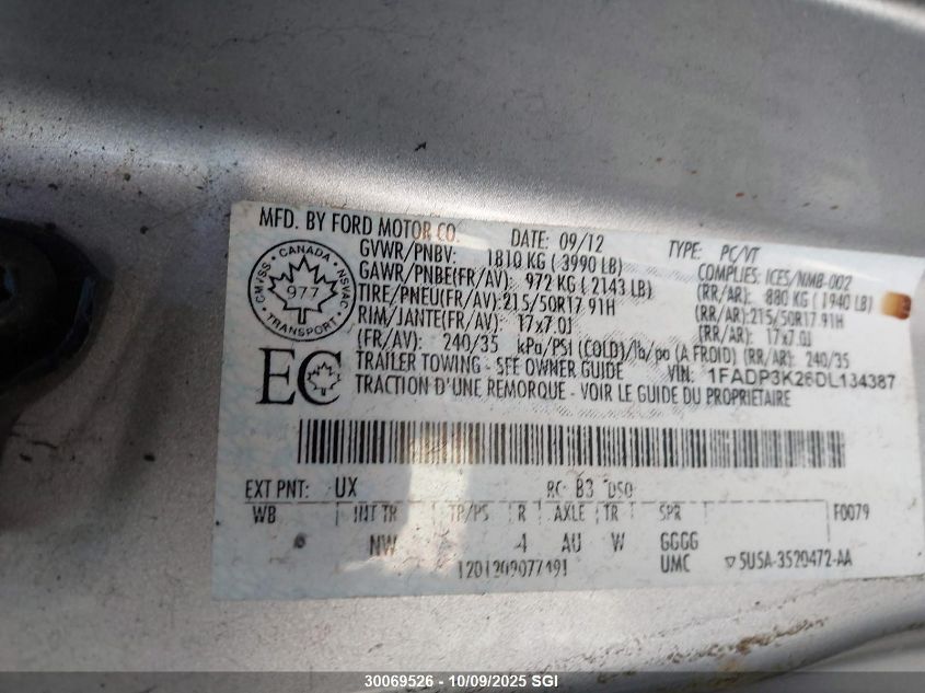 2013 Ford Focus Se VIN: 1FADP3K26DL134387 Lot: 30069526