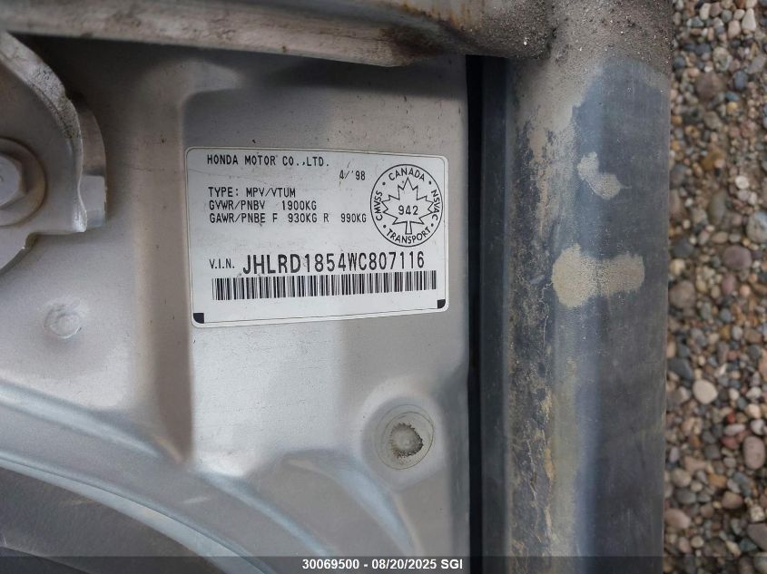1998 Honda Cr-V Ex VIN: JHLRD1854WC807116 Lot: 30069500